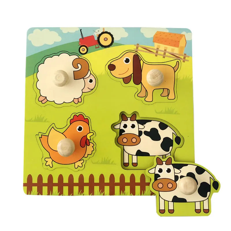 A wooden peg puzzle set featuring farm animals like a sheep, dog, chicken, and cow for toddlers.