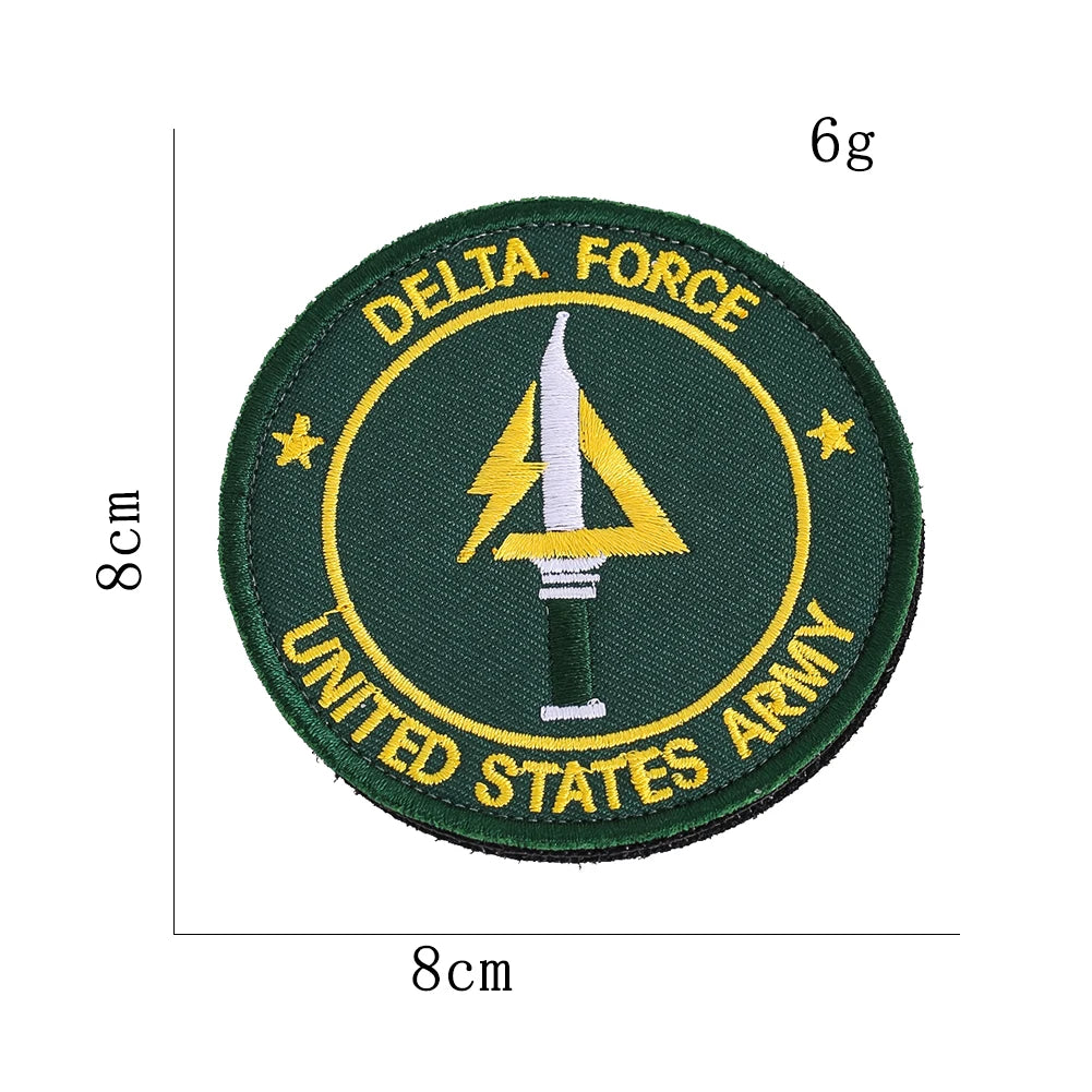 Dark green embroidered patch for the United States Army featuring a yellow lightning bolt and crossed sword design.
