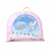 Pink foldable baby mosquito net with a mattress, pillow, and illustrations of babies