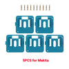 Five blue wall-mount holders for Makita 18V batteries and power tools