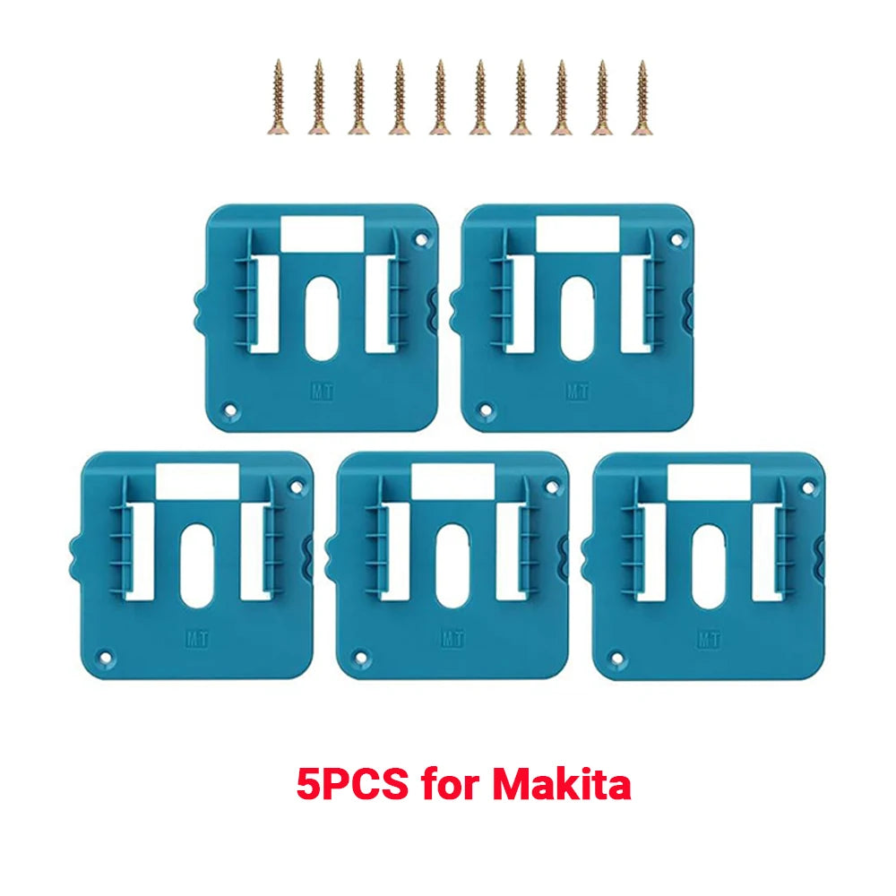 Five blue wall-mount holders for Makita 18V batteries and power tools