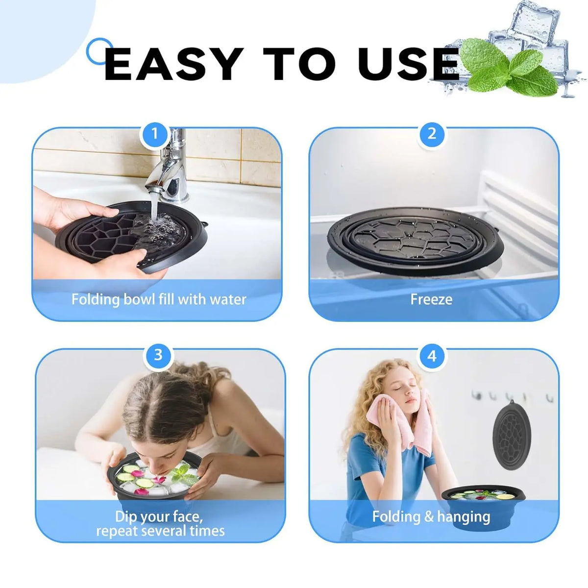 Instructions show how to use a foldable silicone ice face mask bowl for freezing and dipping.