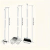 A set of three folding brooms and a dustpan with aluminum handles shown in various lengths.