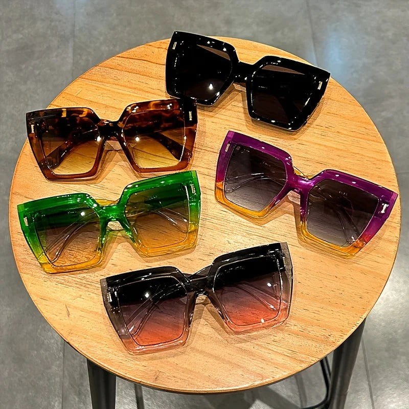 A collection of gradient square sunglasses in various colors including brown, purple, green, and amber shades.