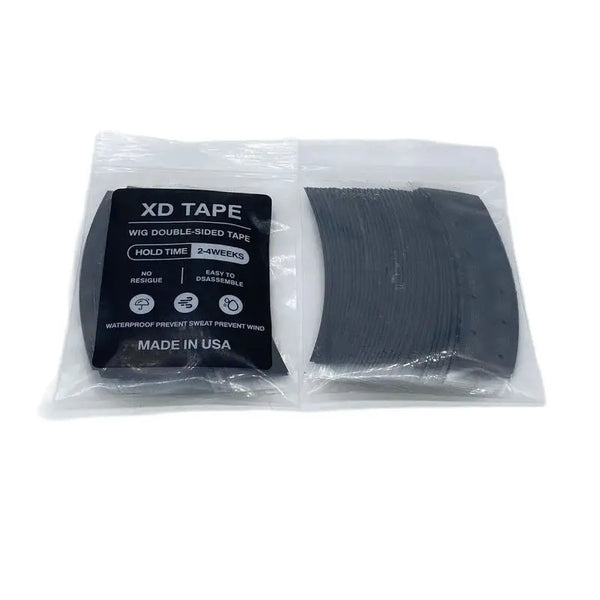 Pack of black perforated lace front wig tape for wigs and hairpieces.