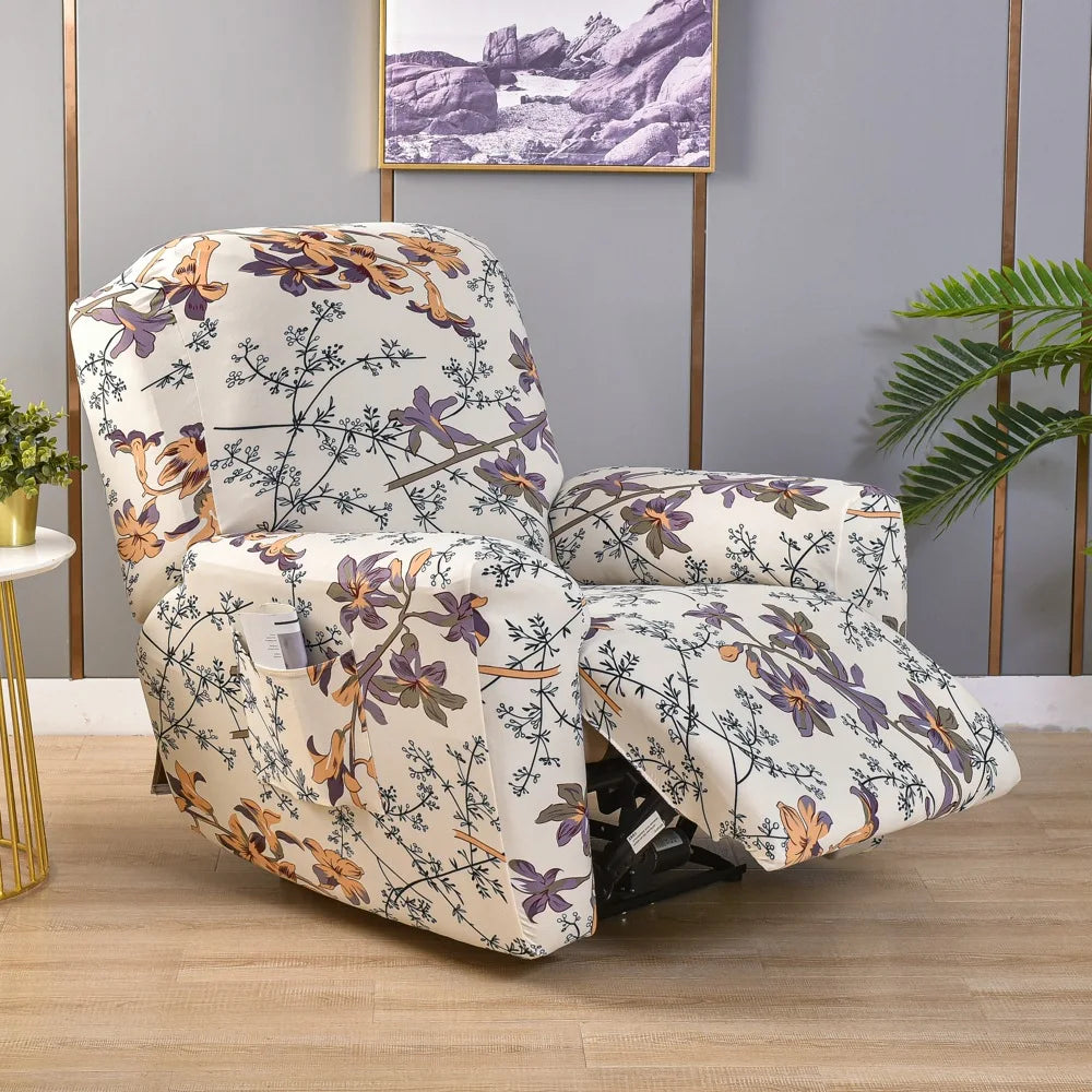 Printed Recliner Cover with Side Pocket — 4-Piece Set