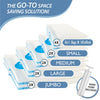 A stack of vacuum storage bags in various sizes, including small, medium, large, and jumbo, with a hand pump included.