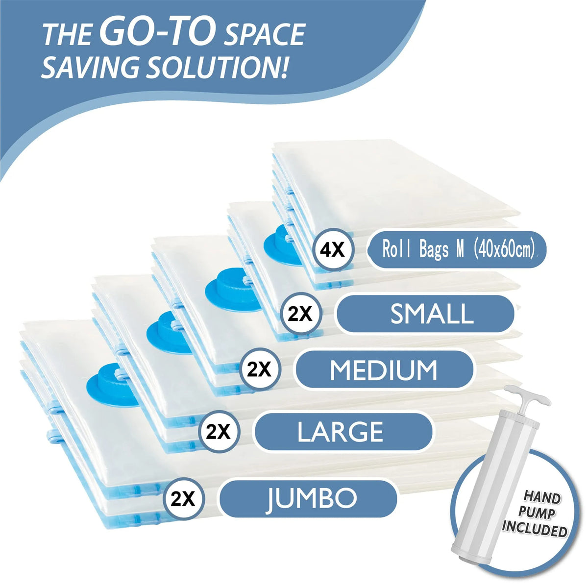 A stack of vacuum storage bags in various sizes, including small, medium, large, and jumbo, with a hand pump included.