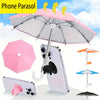 A pink umbrella is shown with a phone parasol stand, featuring suction cup attachments for mounting a smartphone.