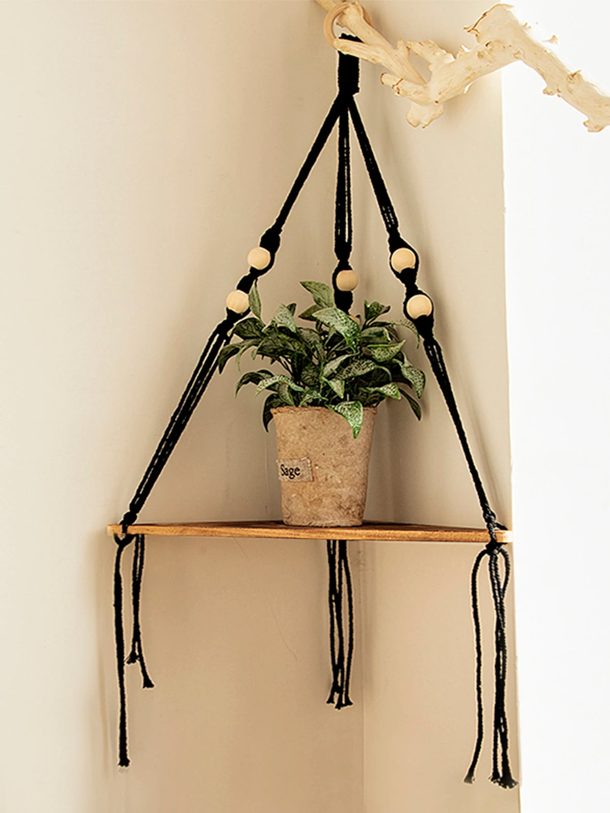 Triangle Wood Floating Wall Shelf with Macrame Rope