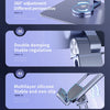 A promotional graphic showing four features of a 360° rotating aluminum tablet stand, including adjustment, damping, silicone