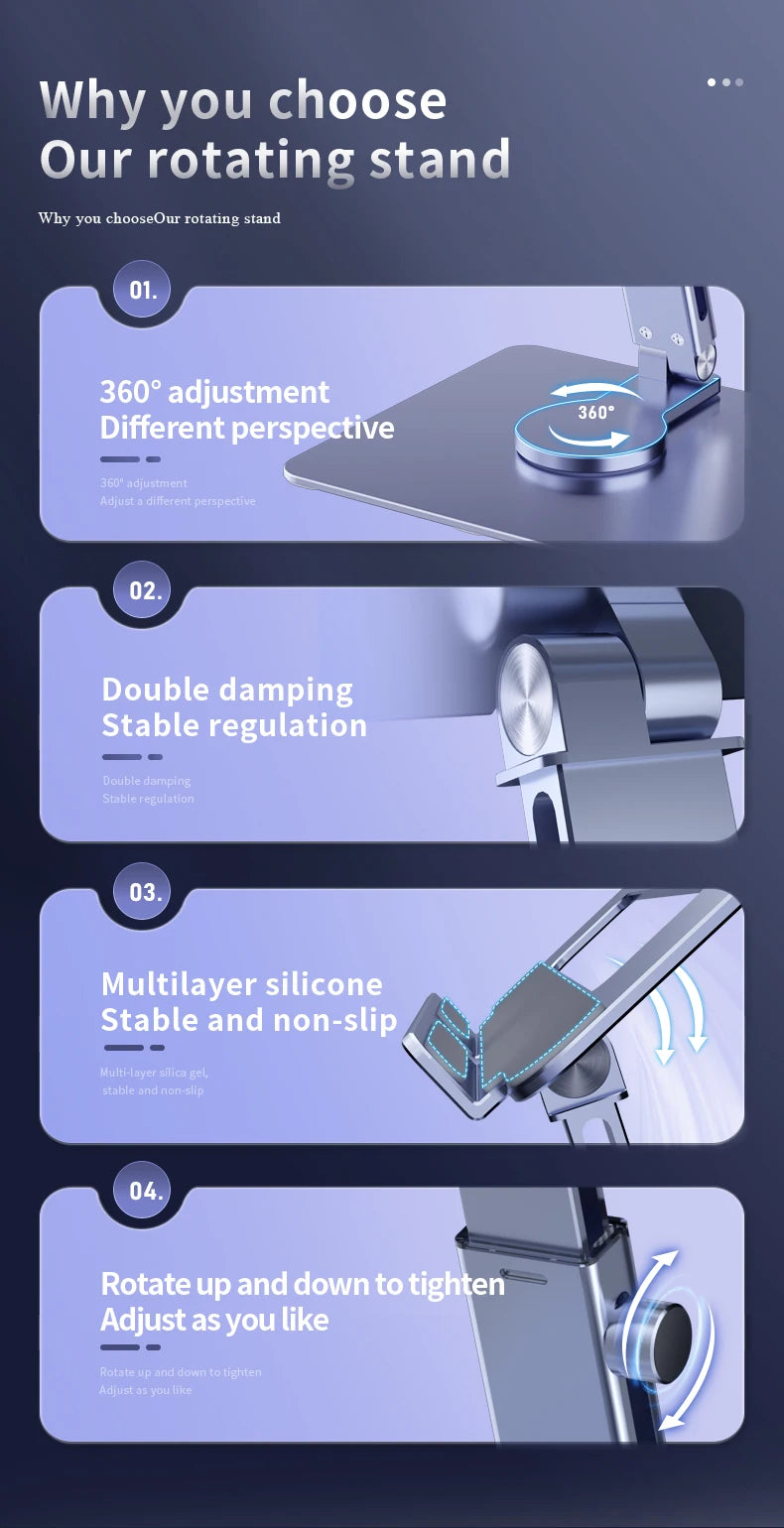 A promotional graphic showing four features of a 360° rotating aluminum tablet stand, including adjustment, damping, silicone
