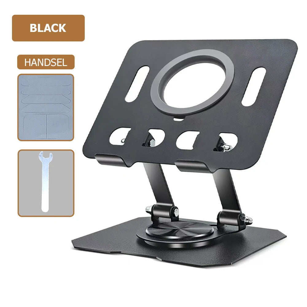 Black adjustable tablet stand with a handset holder for phones and tablets