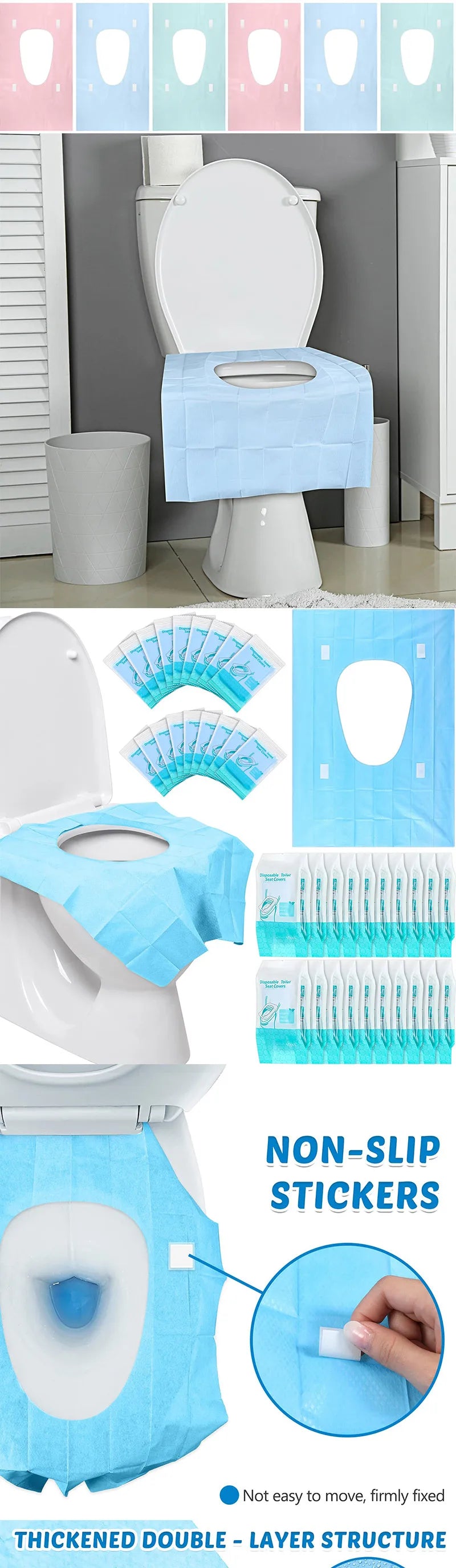 Disposable toilet seat covers in light blue fabric with non-slip stickers and a thickened double-layer structure