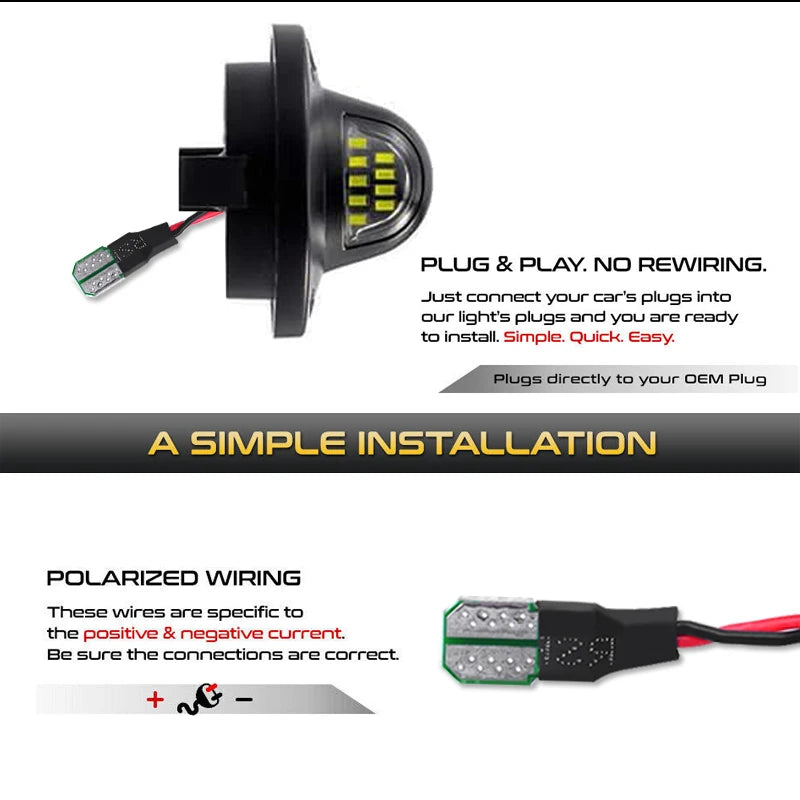 Schwarzes Hochleistungs-LED-Kennzeichenbeleuchtungs-Set mit polarisiertem Kabel für die Fahrzeugmontage.