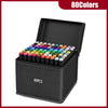 A black box containing 80 alcohol art markers with various colors, shown open.
