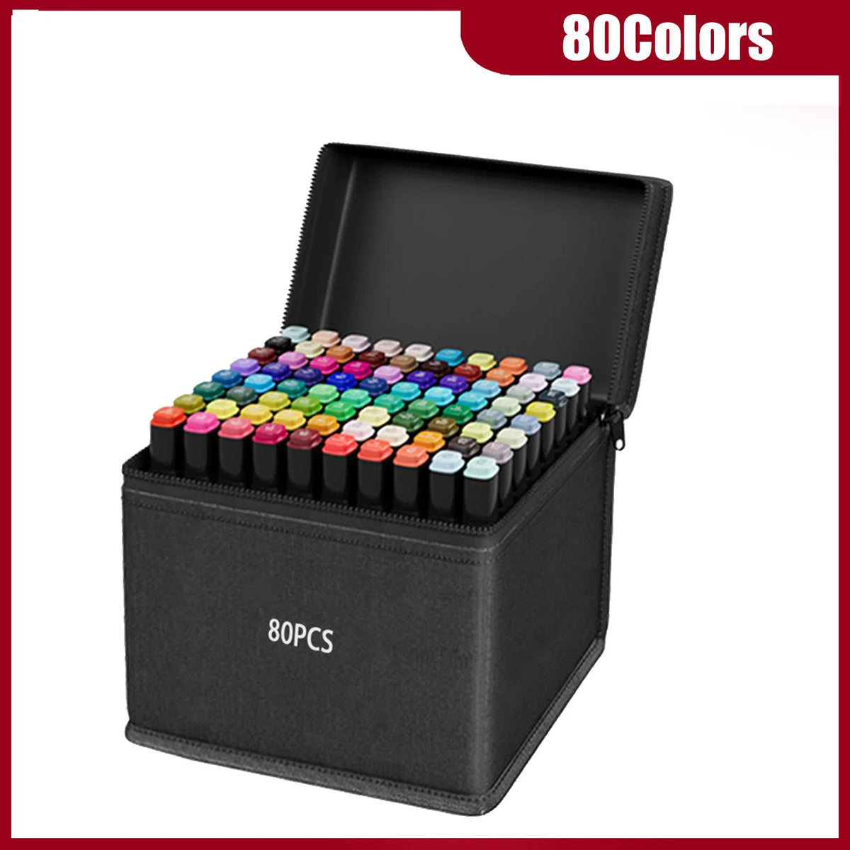 A black box containing 80 alcohol art markers with various colors, shown open.