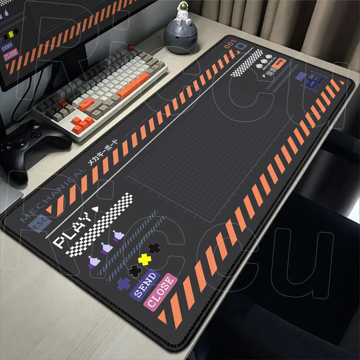A large black mouse pad featuring Japanese art and controls, placed on a desk next to a keyboard and mouse.