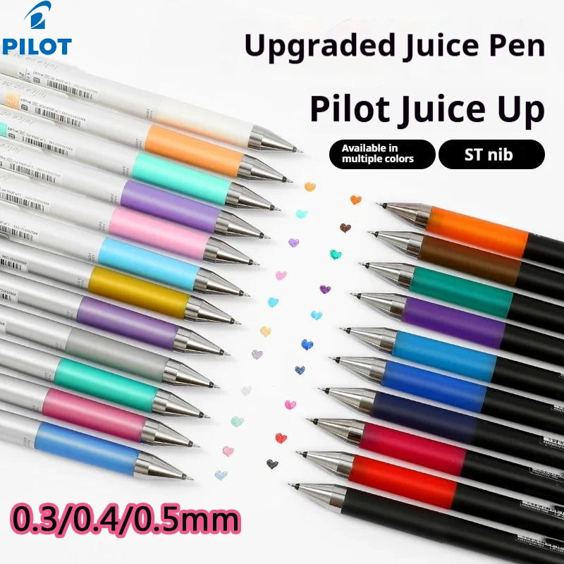 Set von aufgerüsteten Pilot Juice Up Gelstiften in verschiedenen Farben und Größen, einschließlich 0,3, 0,4 und 0,5 mm Nadeln