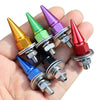A hand holds a set of colorful rust-resistant license plate screws with conical tips.
