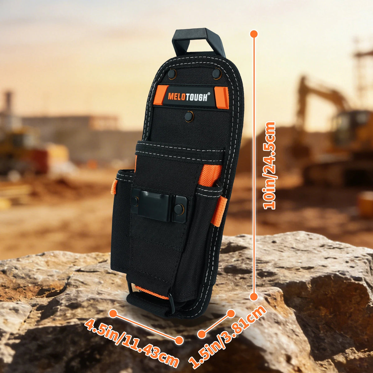 Black durable tool pouch with an orange strap and belt clip shown on a rock surface.