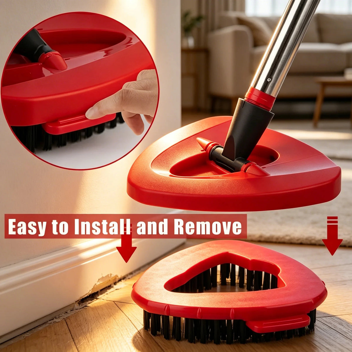 A red replacement microfiber mop head is shown being installed onto a spin mop system, with an inset showing the installation