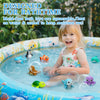 A smiling toddler plays with an eight-piece mold-free bath toy set in a blue plastic tub filled with water.