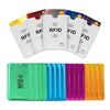 A pack of ten RFID and NFC blocking card sleeves in various colors, including yellow, red, blue, purple, and orange.