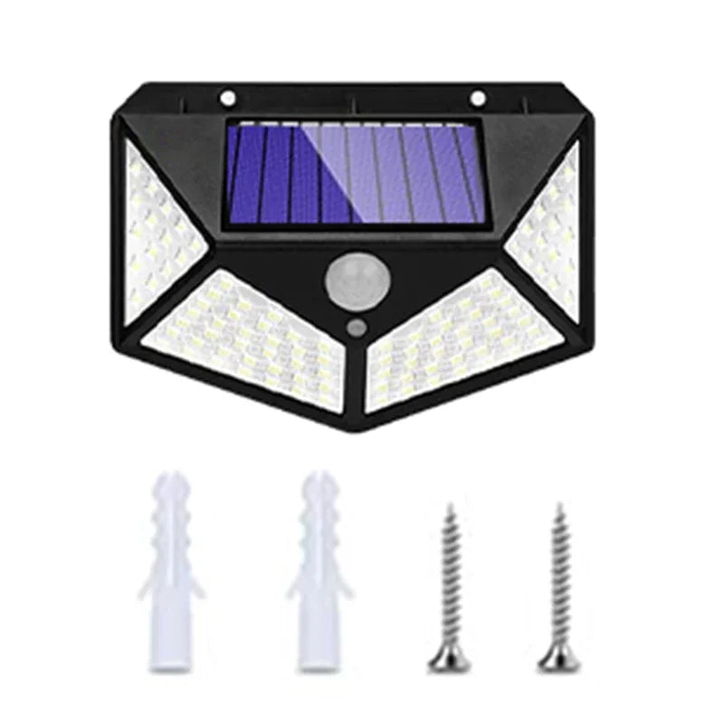 A solar powered security light with a solar panel and motion sensor, shown with replacement parts.