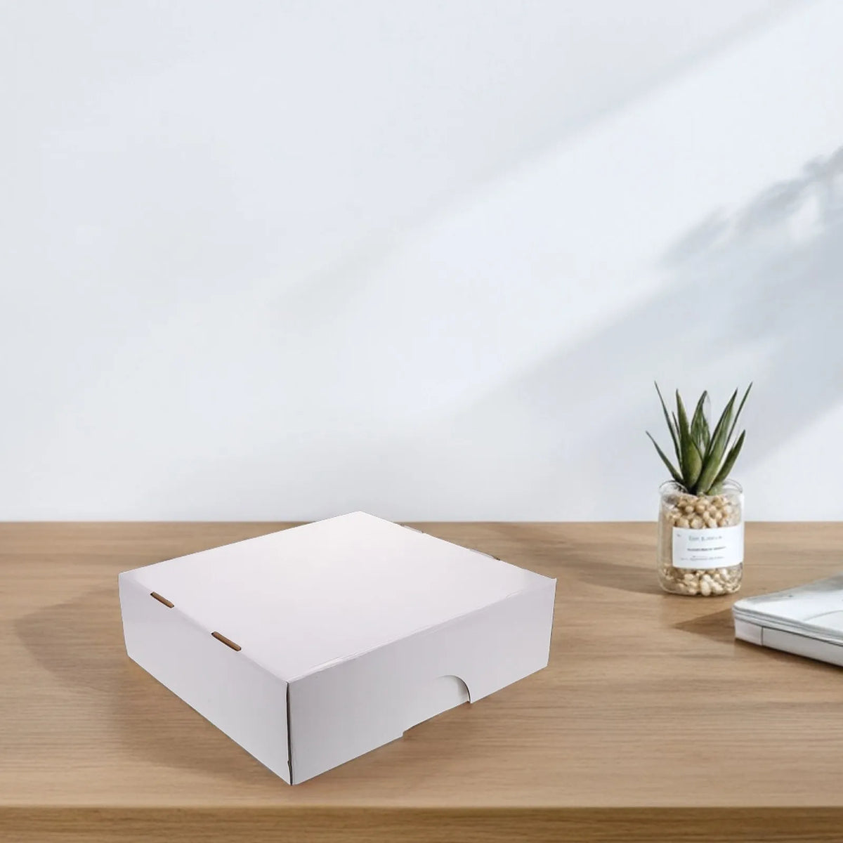A white foldable trading card storage box resting on a wooden table next to a small potted succulent.