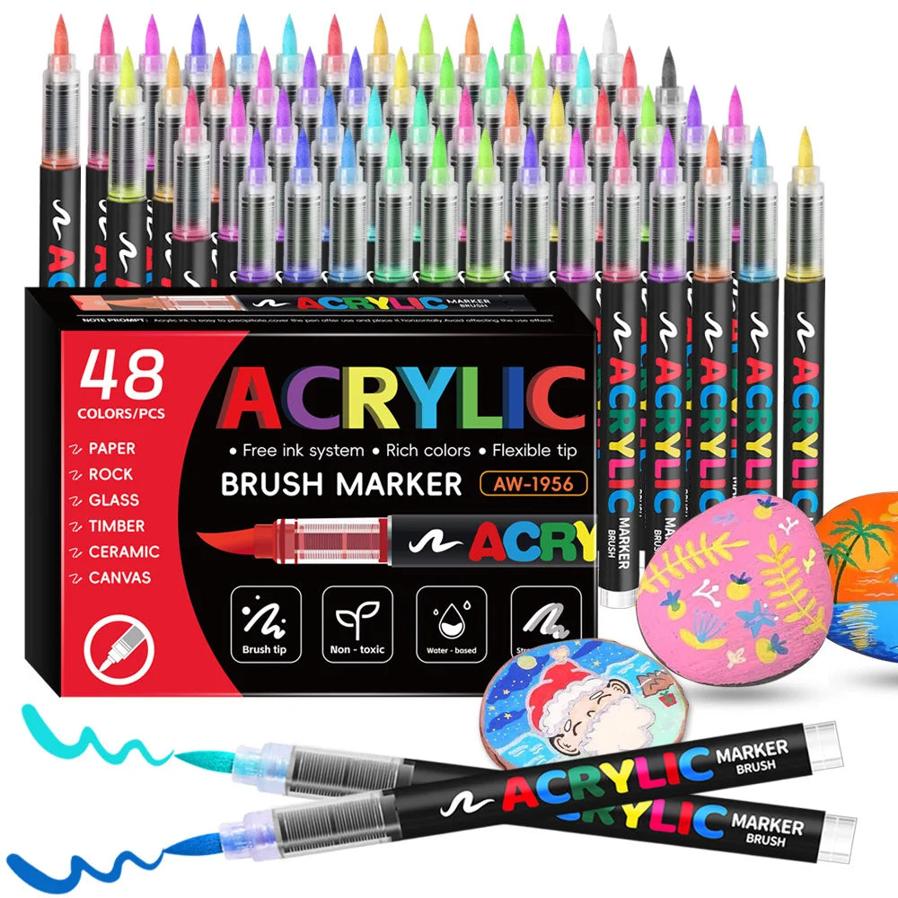 Ein Set von 48 Acryl-Brush-Marker-Stiften in verschiedenen Farben und Spitzen in einer Box.