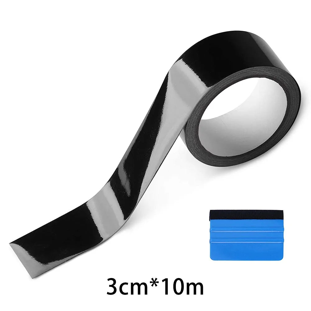 A roll of high-gloss black vinyl wrap strip measuring 3cm by 10 meters.