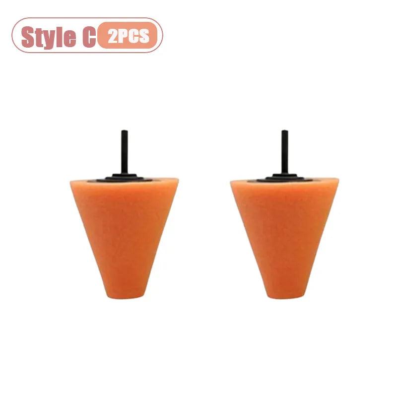 Two orange drill polishing sponge cones for wheels and automotive detailing.