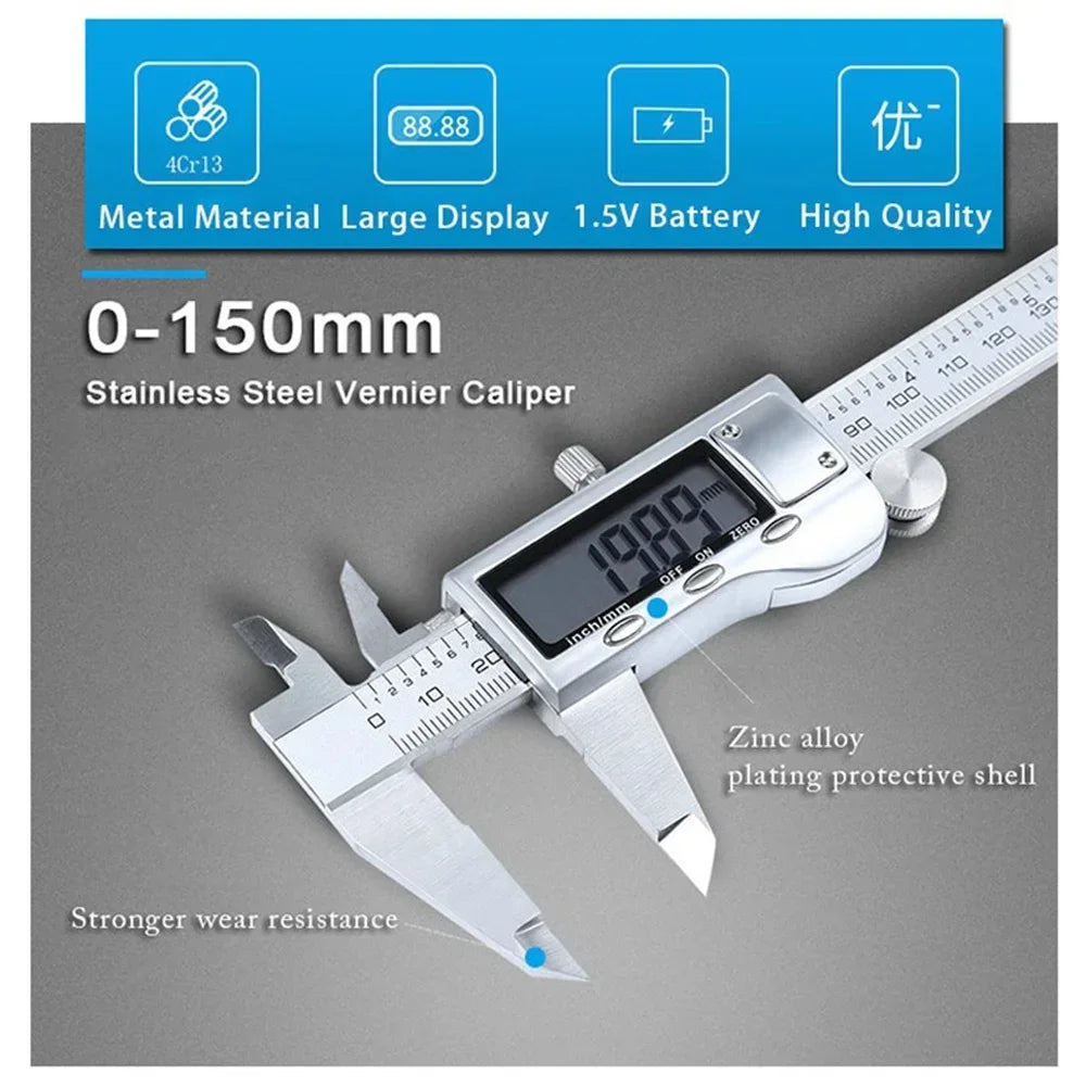 Digital Vernier Caliper 6-Inch with Large LCD Display