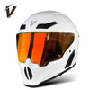 A white full-face motorcycle helmet with an orange tinted visor and black ventilation details.