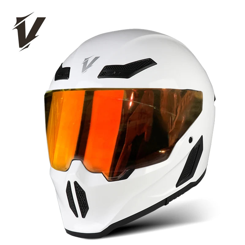 A white full-face motorcycle helmet with an orange tinted visor and black ventilation details.