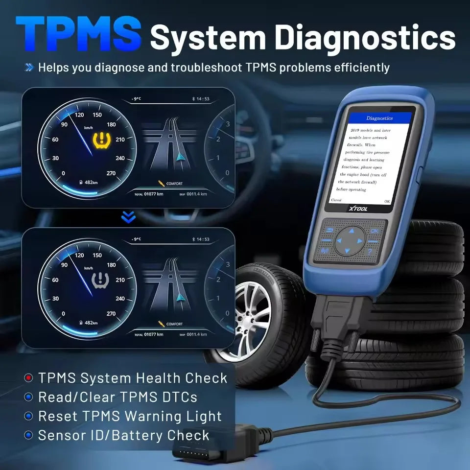 A blue XTOOL TPMS diagnostic tool is shown next to a tire, illustrating TPMS system diagnostics.
