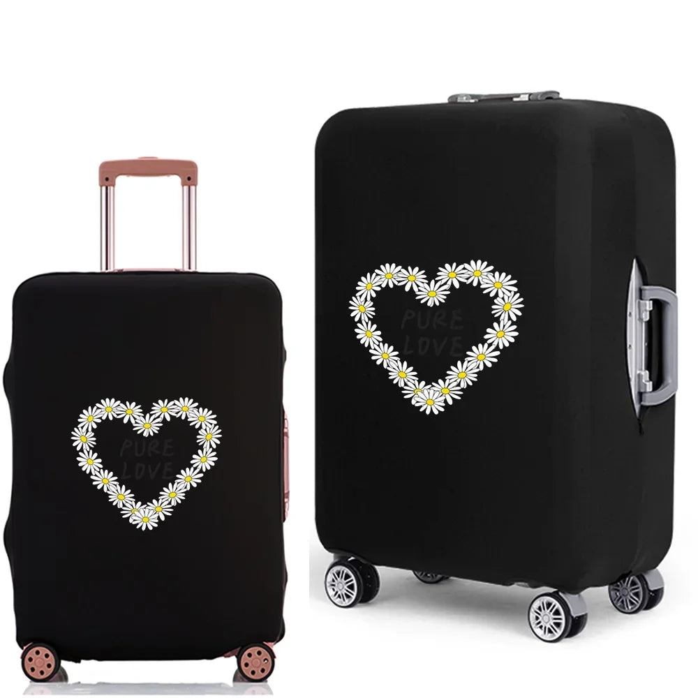 Black elastic suitcase protective cover featuring a white daisy print heart design.