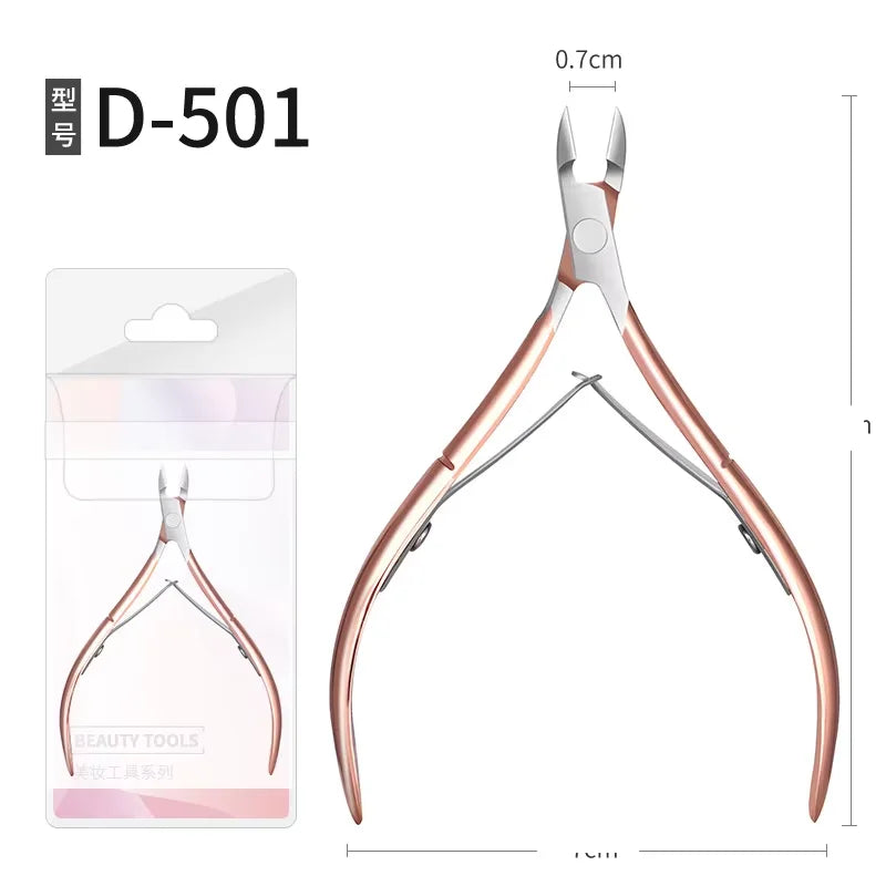 A pair of professional stainless steel cuticle nippers with a rose gold finish shown against a white background.