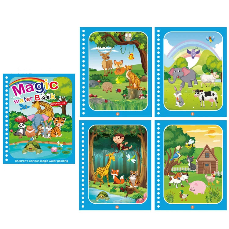 A set of five reusable magic water drawing books featuring cartoon animals and nature scenes for children.