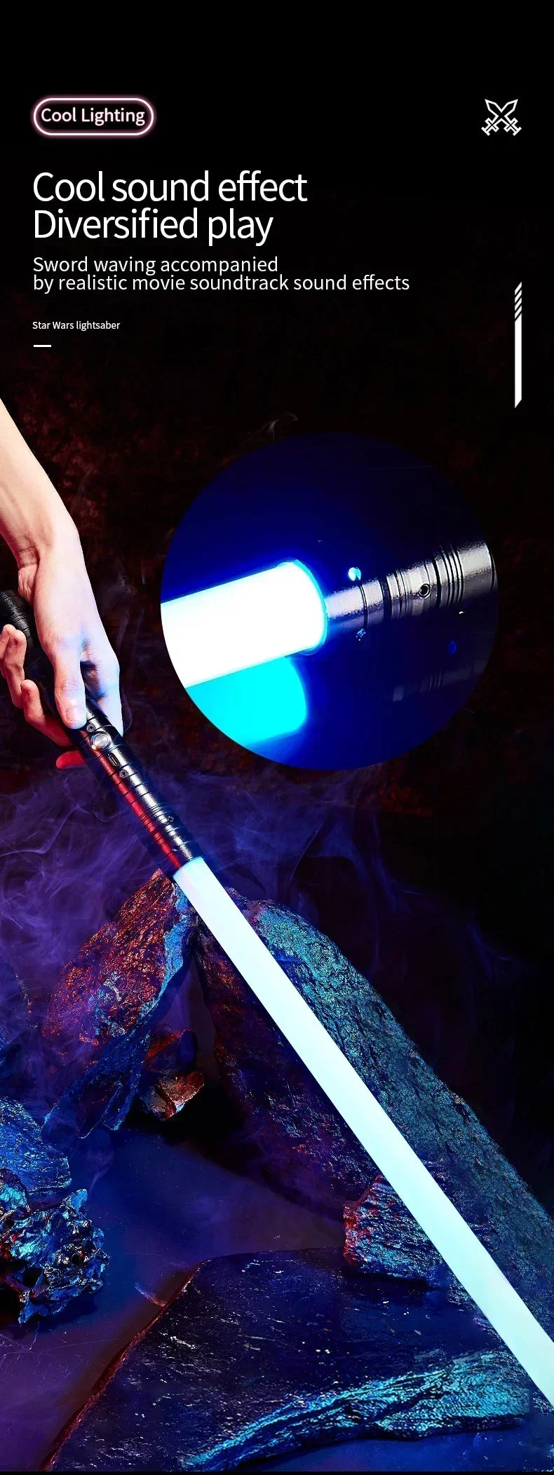 A hand holds a white lightsaber glowing with blue light, set against a dark background.