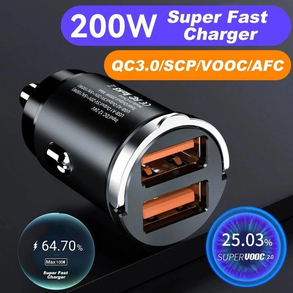 Schwarzer 200W Super Fast QC3.0/SCP/VOOC/AFC Dual-Port Metall-Auto-Ladegerät mit silbernem Stecker.