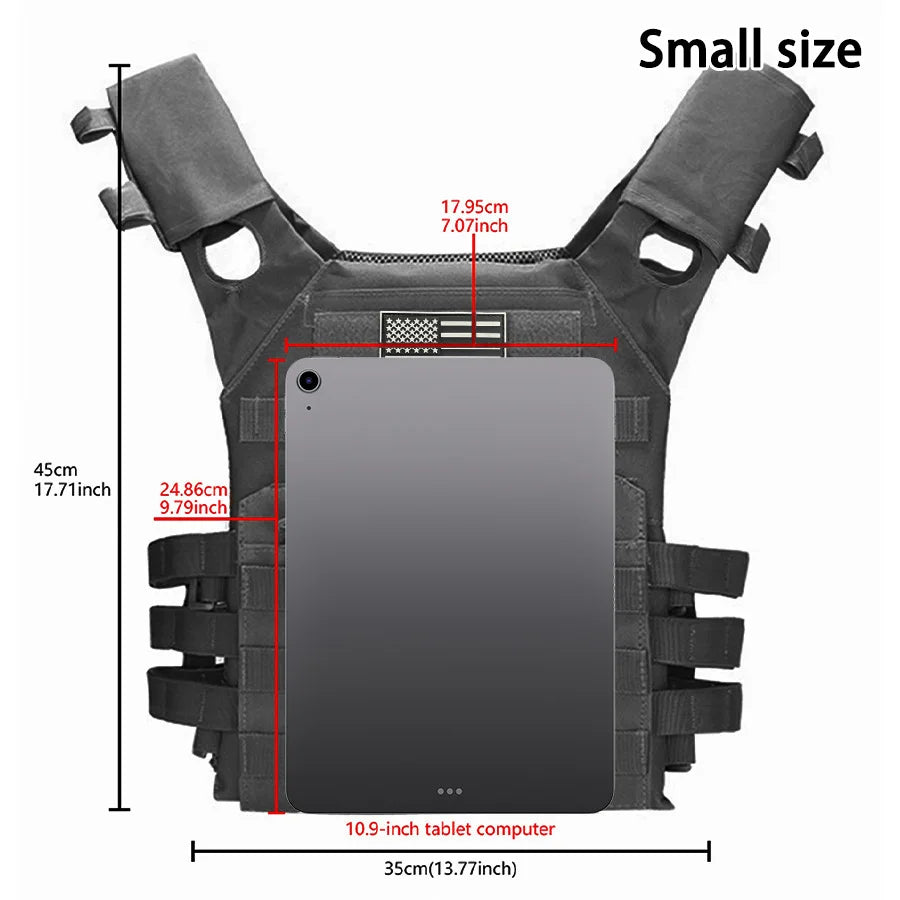 A gray multifunctional MOLLE training vest designed to carry a tablet computer.