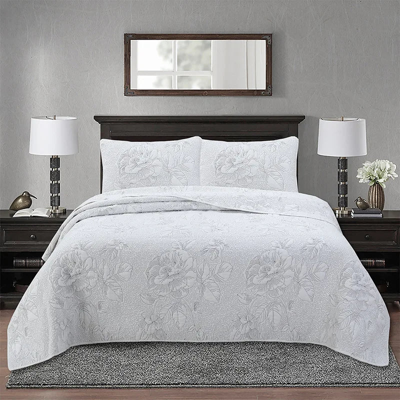 Quilted Cotton Bedspread Set with Embroidered Patchwork Design