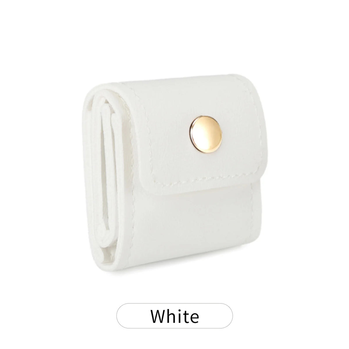 A white compact PU leather jewelry organizer pouch with a gold accent.