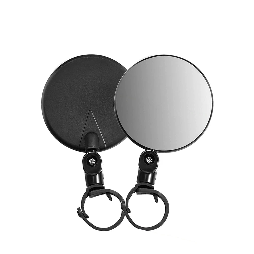 A black 360° adjustable bicycle rearview mirror with a round mirror and mounting bracket.