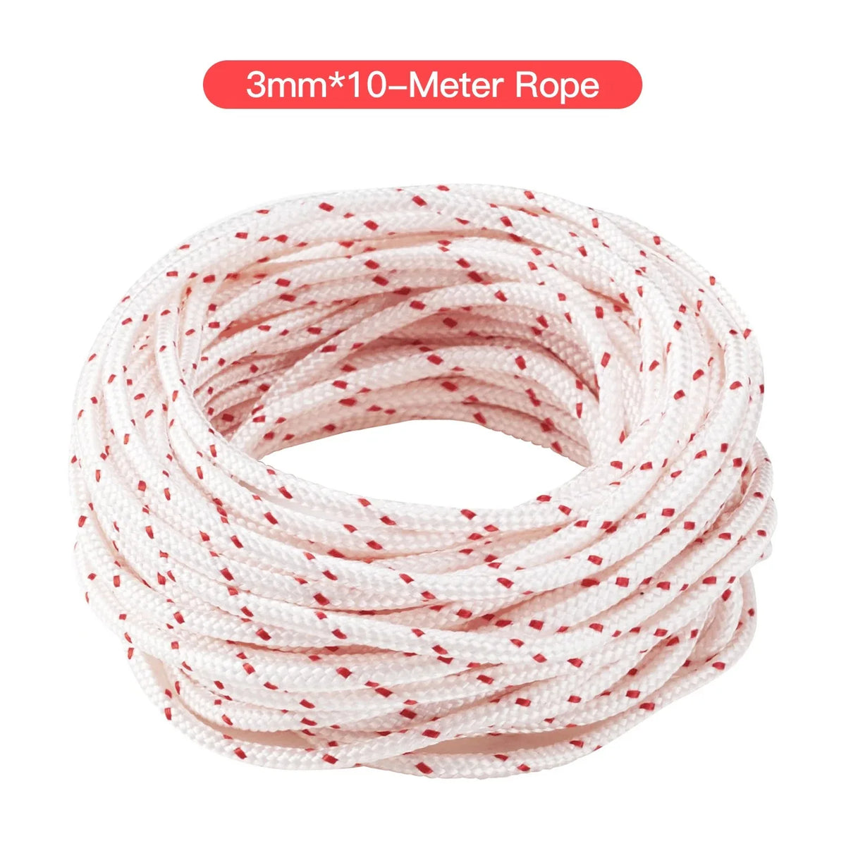 A coil of pink 3mm nylon rope, 10 meters long, used for chainsaw and trimmer recoil starter.