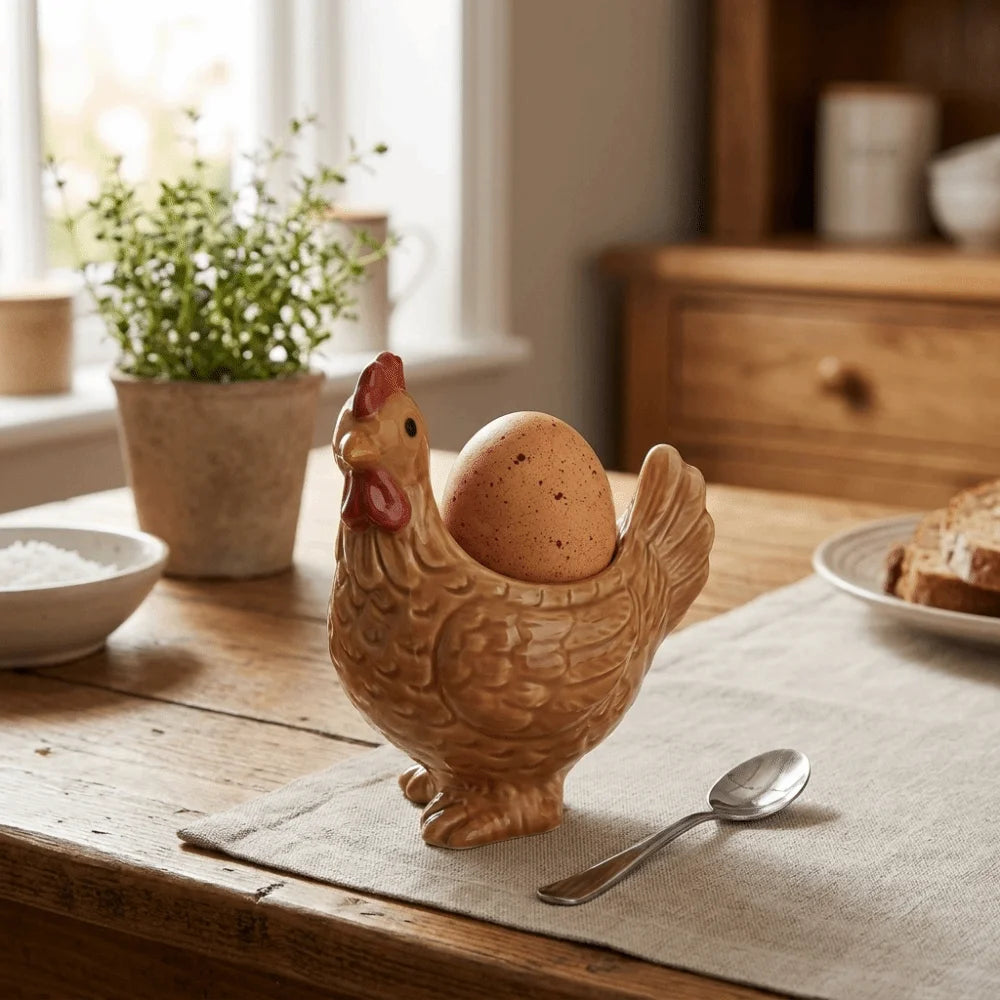 A ceramic chicken egg cup with a brown, textured body sits on a wooden table next to a loaf of bread.