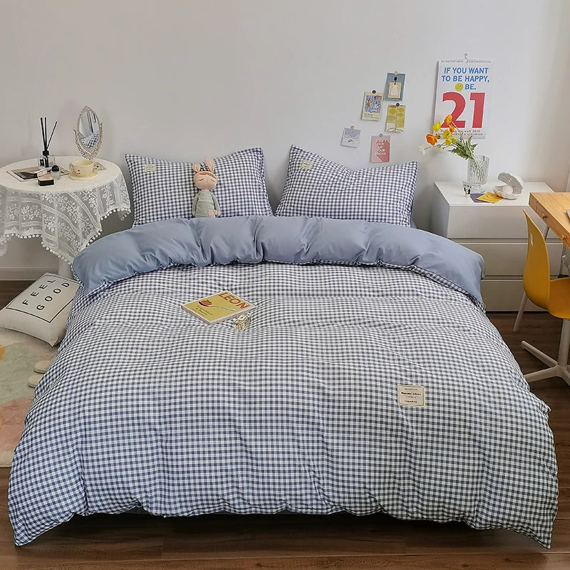 100% Cotton Duvet Cover Set with Plaid Stripe – Breathable & Skin-Friendly