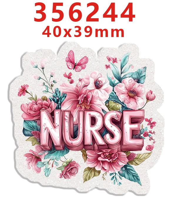 Glitter acrylic nurse badge charms set featuring pink and green floral designs